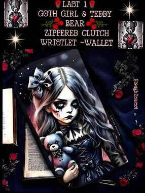 🆕️LAST 1🌹GOTH GIRL & TEDDY BEAR ZIPPERED CLUTCH WRISTLET WALLET/Y2K GOTH PUNK
